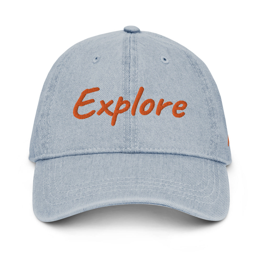 Explore In Amber Embroidery on Denim Hat