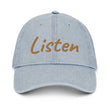 Listen In Copper Embroidery on Denim Hat