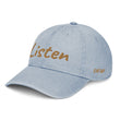 Listen In Copper Embroidery on Denim Hat