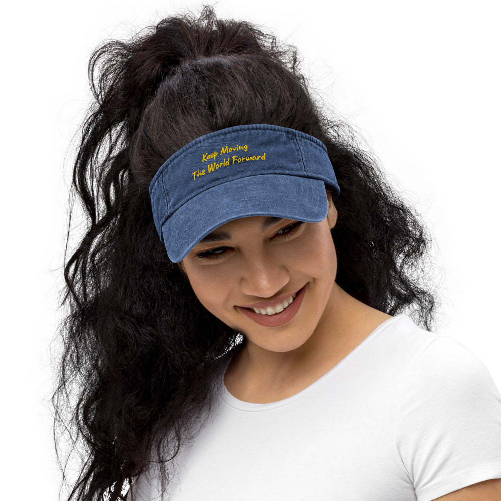 Keep Moving The World Forward In Gold Embroidery on Denim Visor