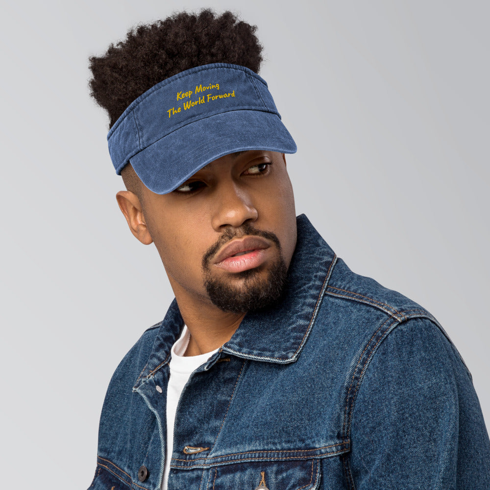 Keep Moving The World Forward In Gold Embroidery on Denim Visor