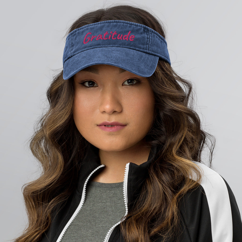 Gratitude In Star Rose Quartz Embroidery on Denim Visor