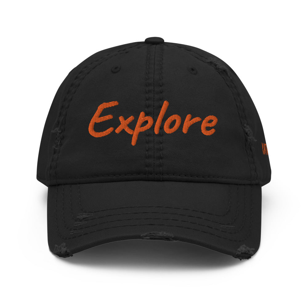 Explore In Amber Embroidery on Distressed Dad Hat