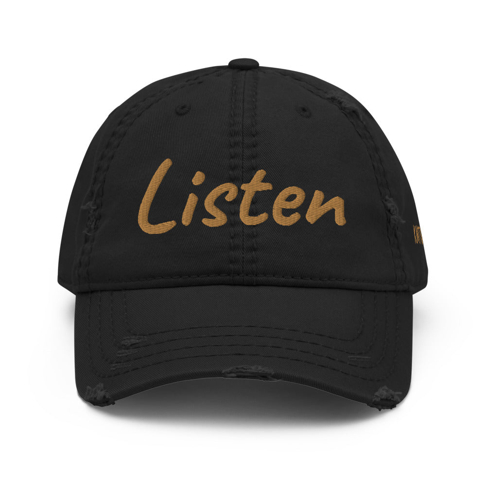 Listen In Copper Embroidery on Distressed Dad Hat