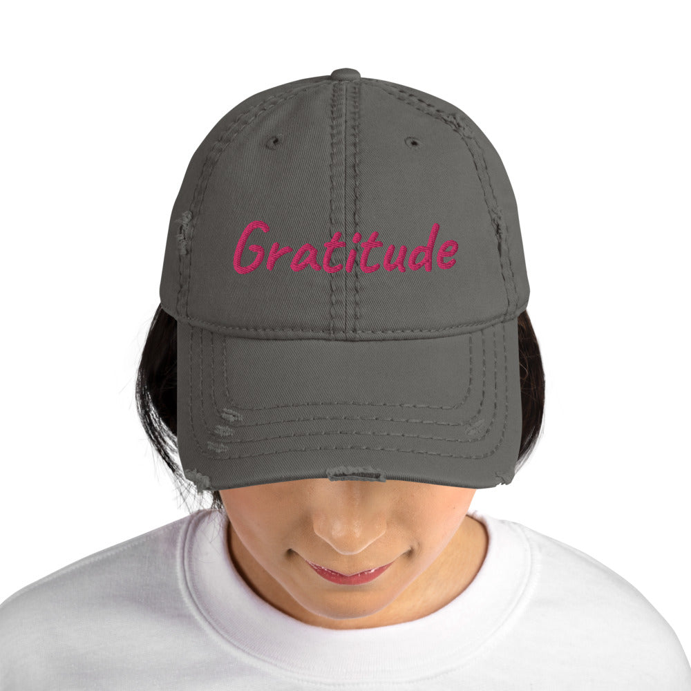 Gratitude In Star Rose Quartz Embroidery on Distressed Dad Hat