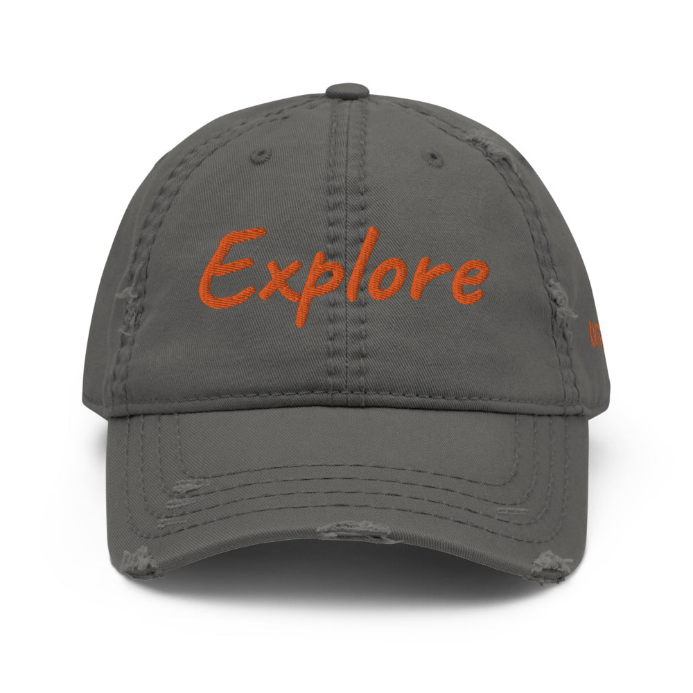 Explore In Amber Embroidery on Distressed Dad Hat