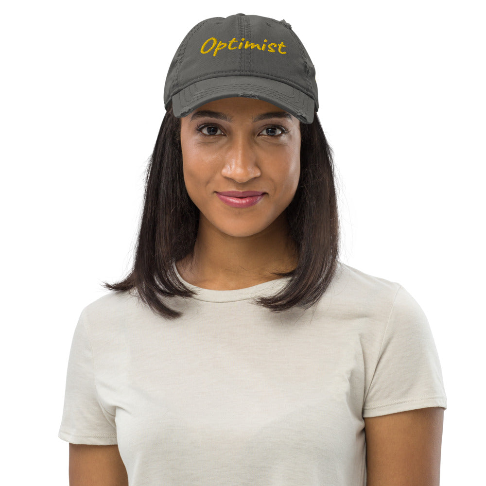 Optimist In Gold Embroidery on Distressed Dad Hat