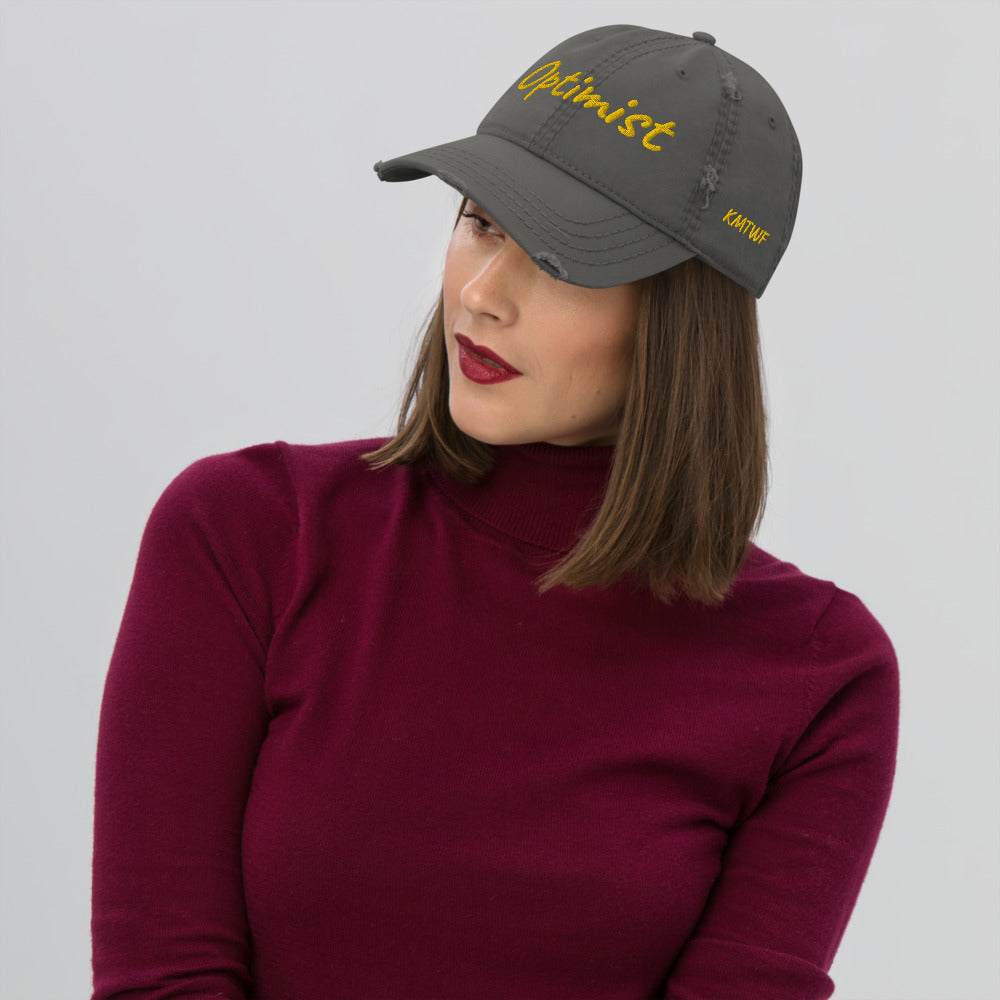 Optimist In Gold Embroidery on Distressed Dad Hat