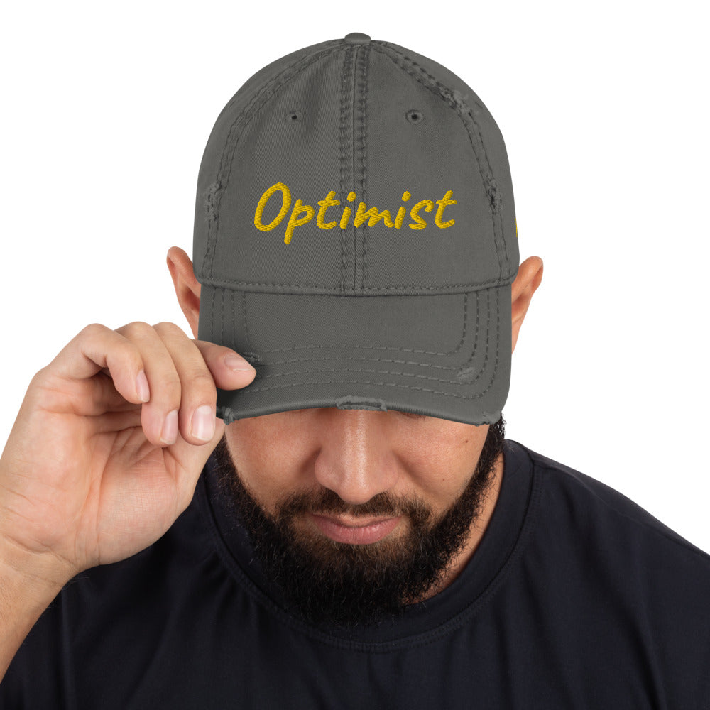 Optimist In Gold Embroidery on Distressed Dad Hat