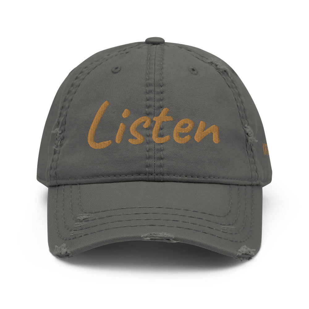 Listen In Copper Embroidery on Distressed Dad Hat