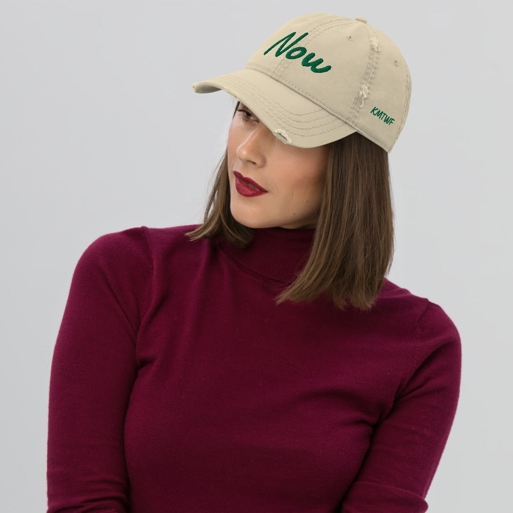 Now In Emerald Embroidery on Distressed Dad Hat