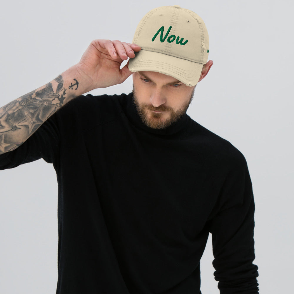 Now In Emerald Embroidery on Distressed Dad Hat