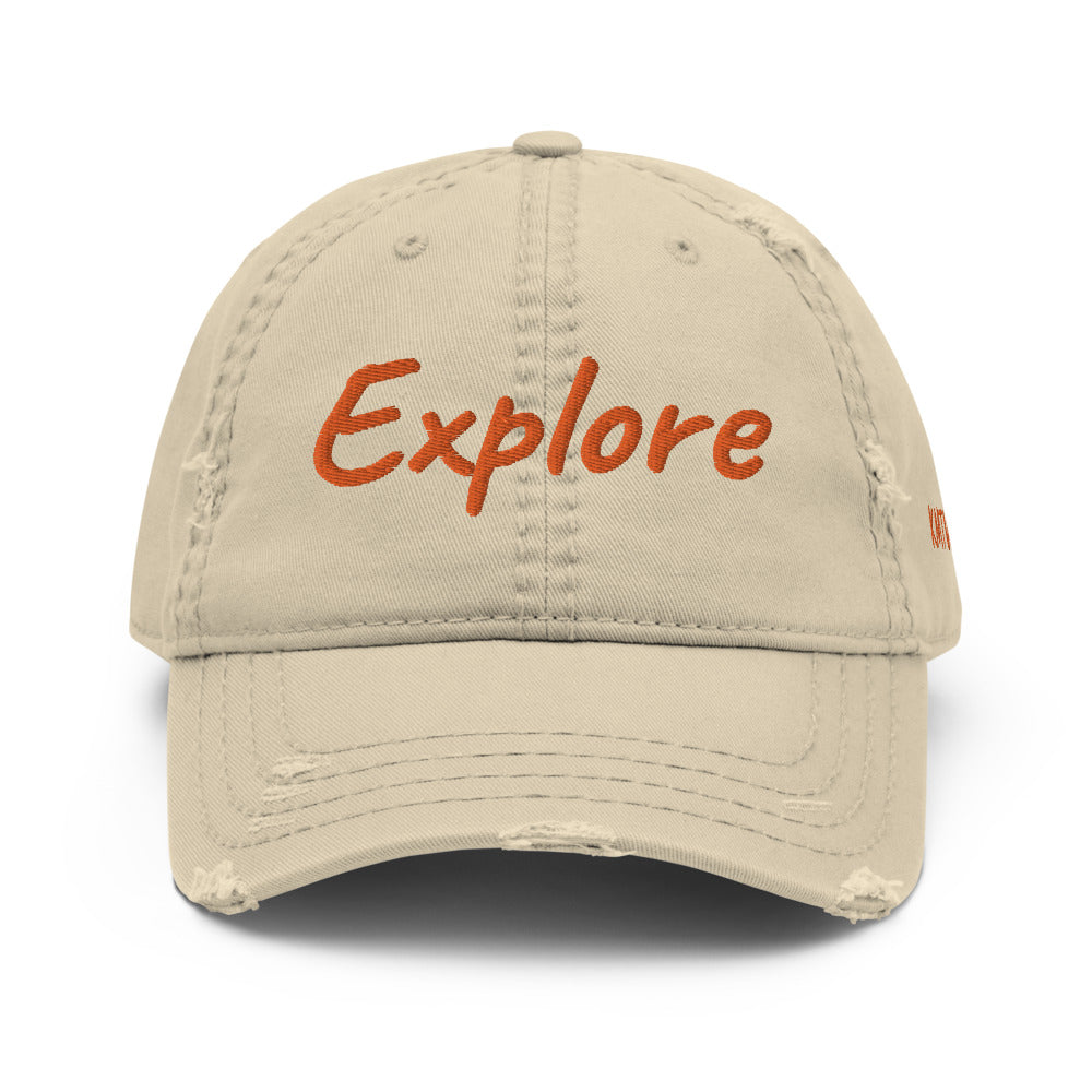 Explore In Amber Embroidery on Distressed Dad Hat