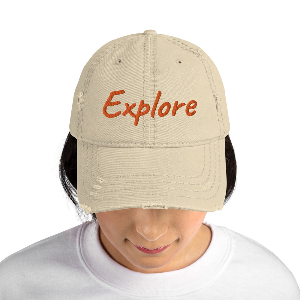 Explore In Amber Embroidery on Distressed Dad Hat