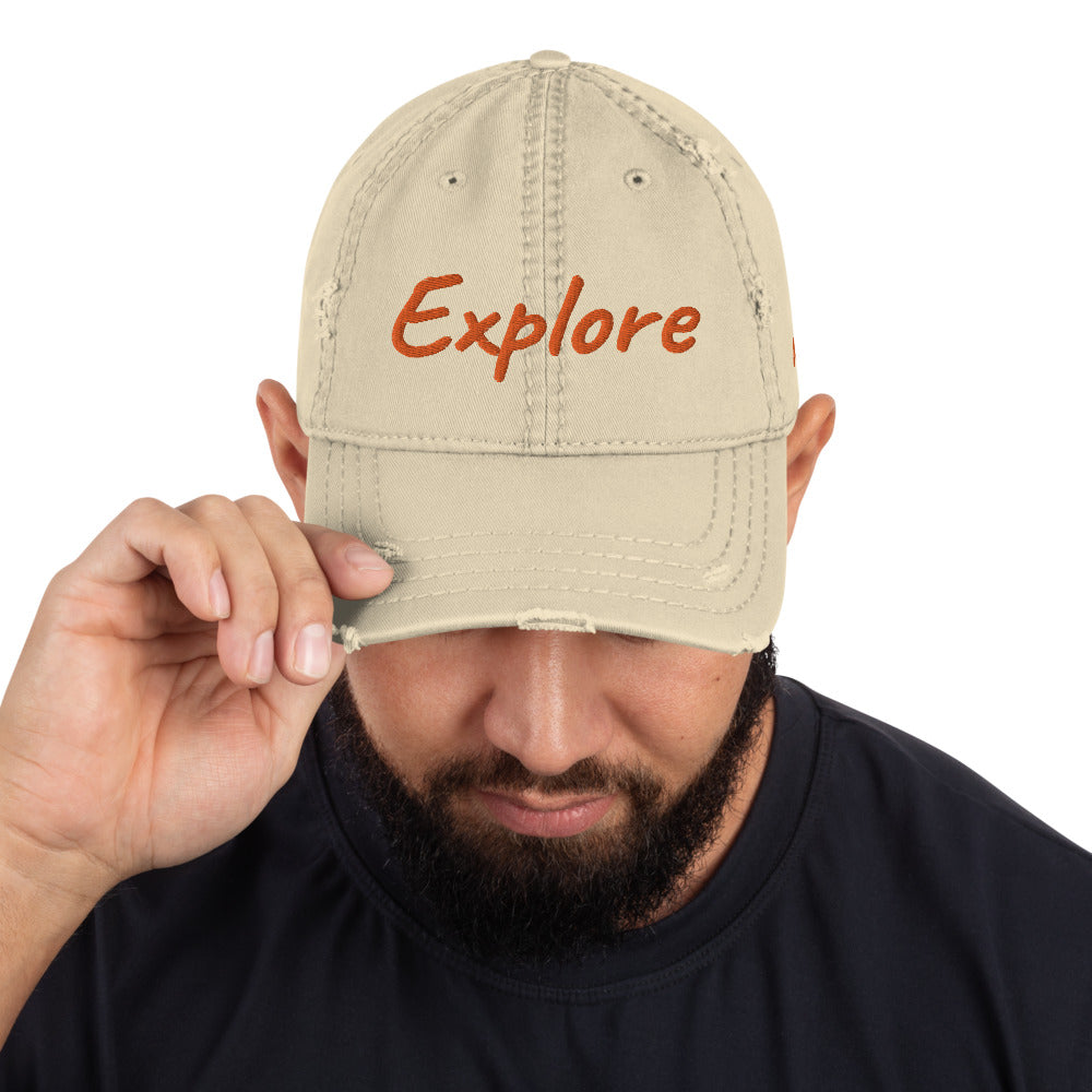 Explore In Amber Embroidery on Distressed Dad Hat