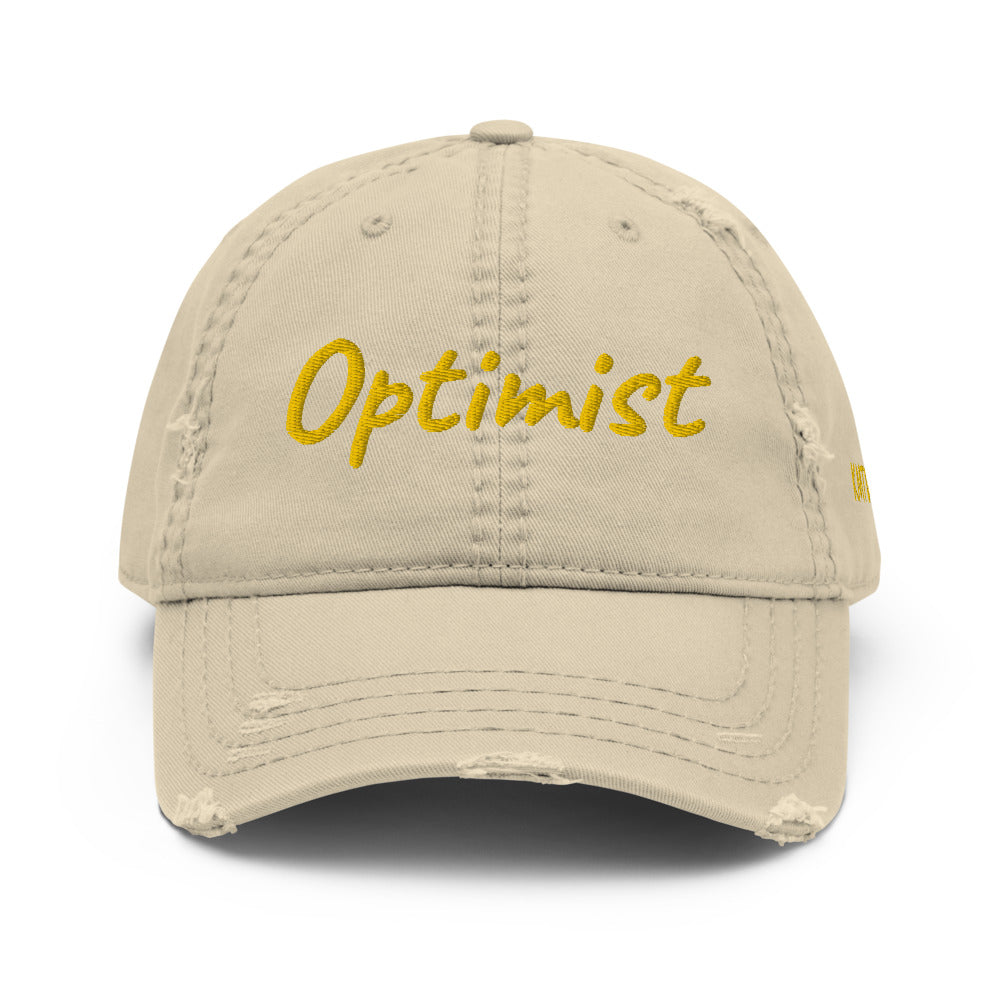 Optimist In Gold Embroidery on Distressed Dad Hat