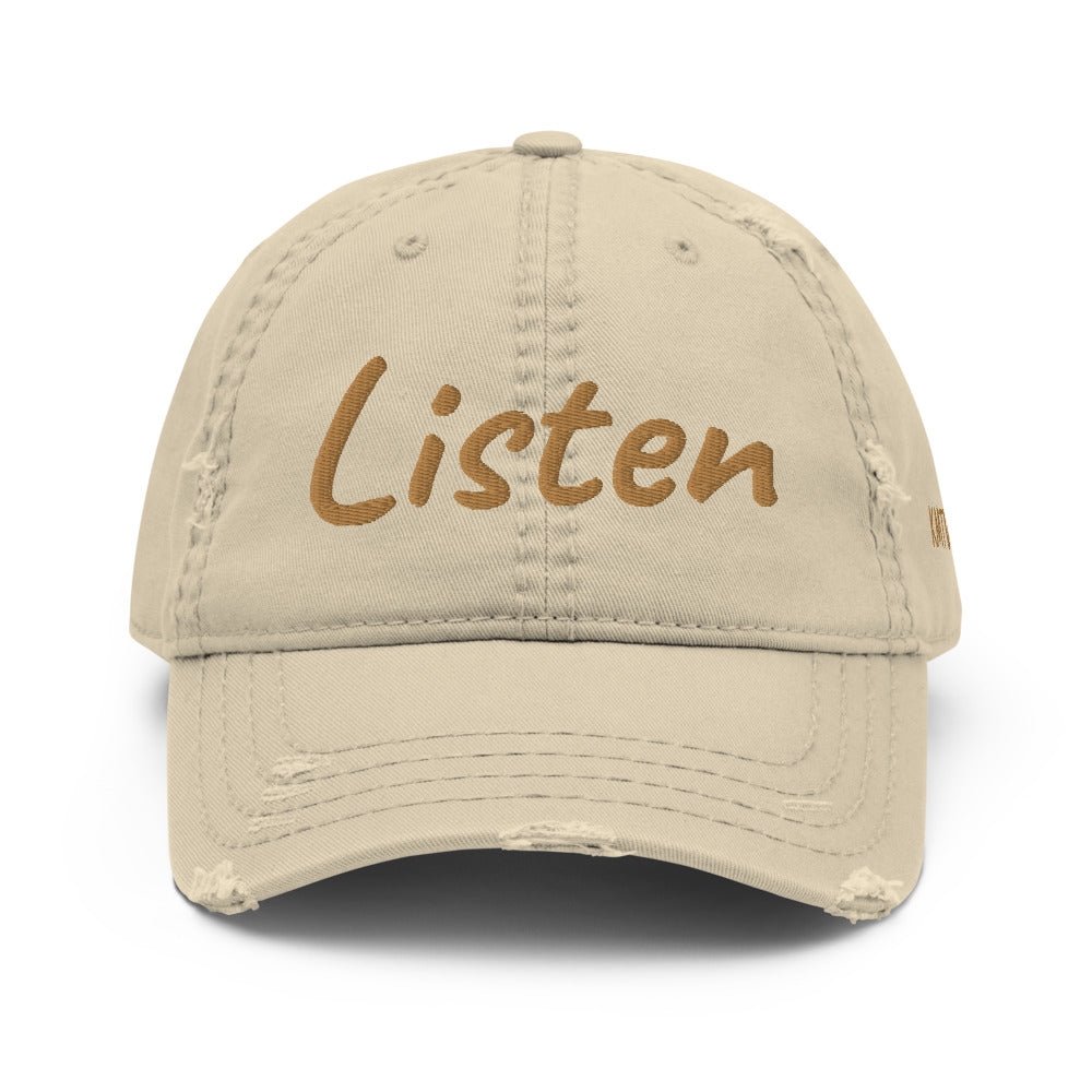 Listen In Copper Embroidery on Distressed Dad Hat