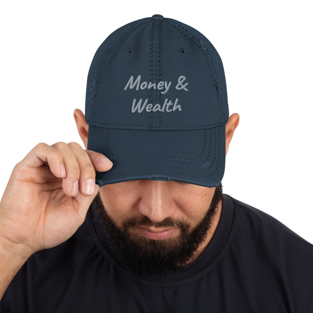 Money & Wealth In Silver Embroidery on Distressed Dad Hat