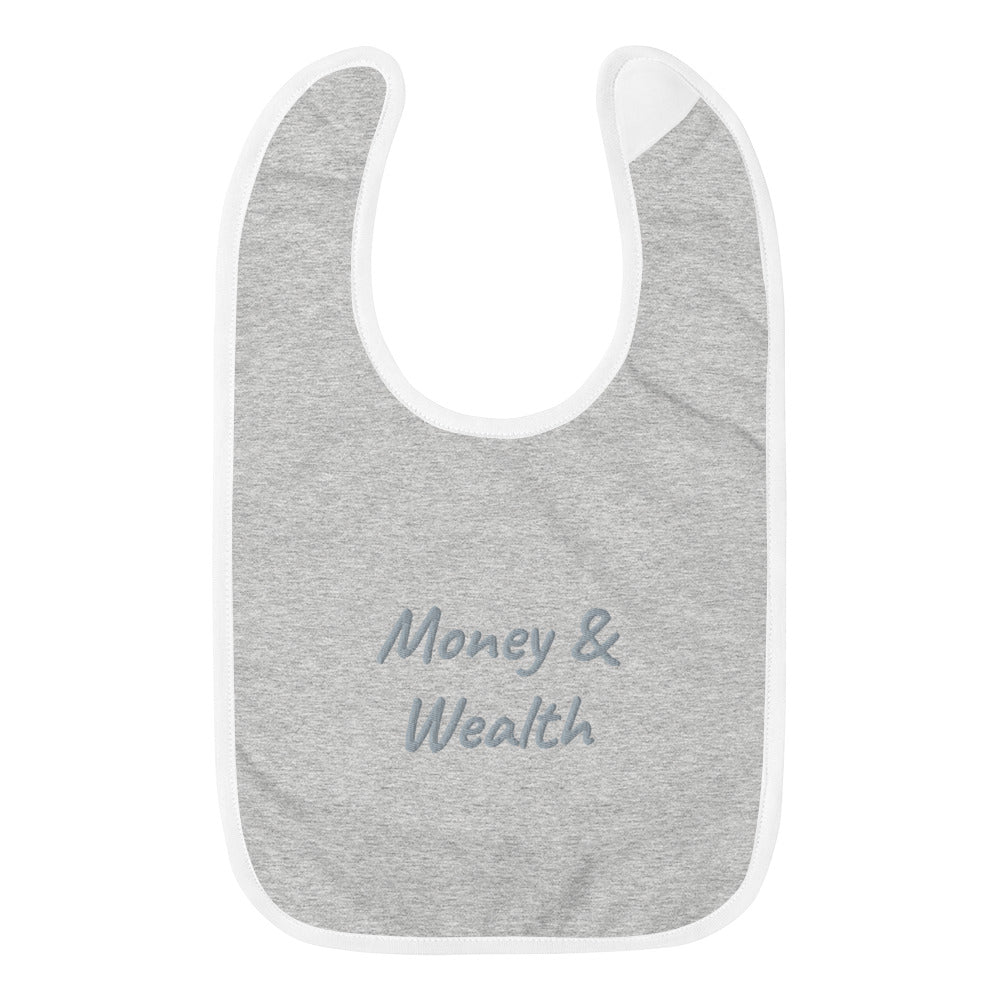 Money & Wealth In Silver Embroidery on Baby Bib