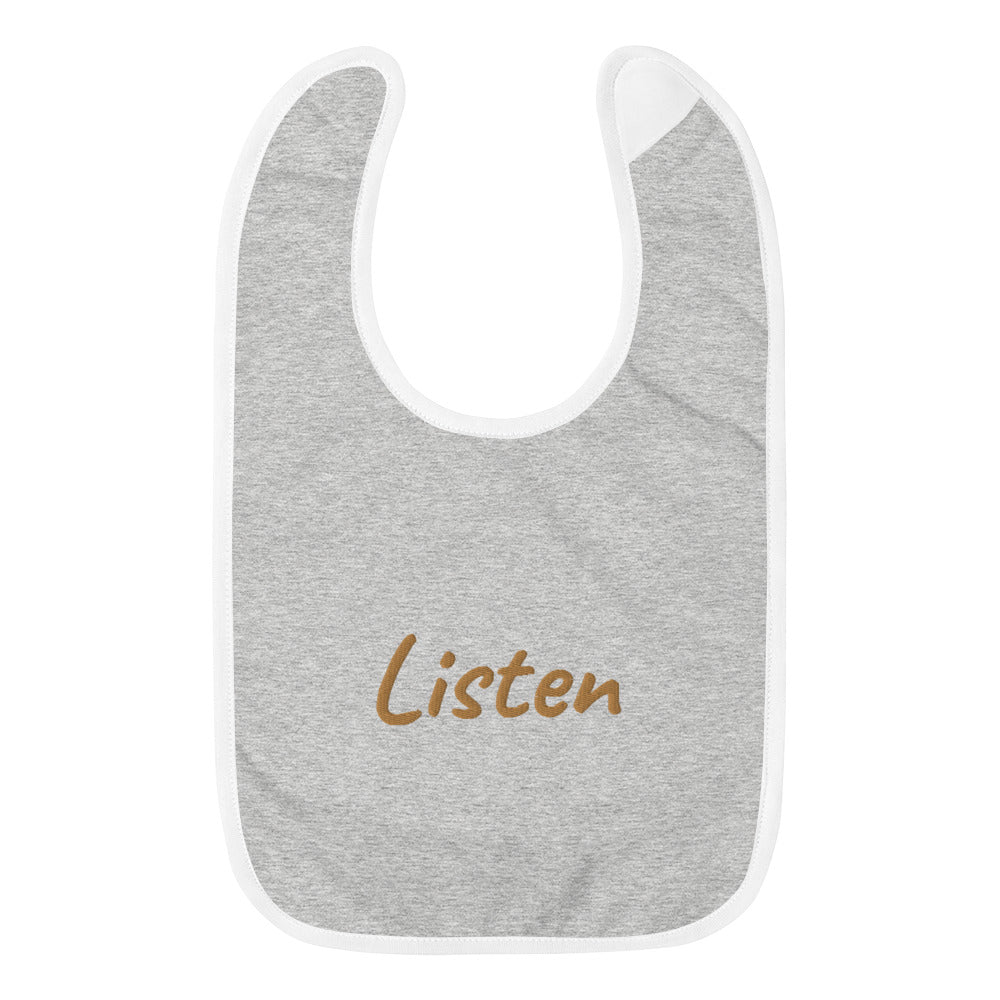 Listen In Copper Embroidery on Baby Bib