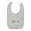 Listen In Copper Embroidery on Baby Bib