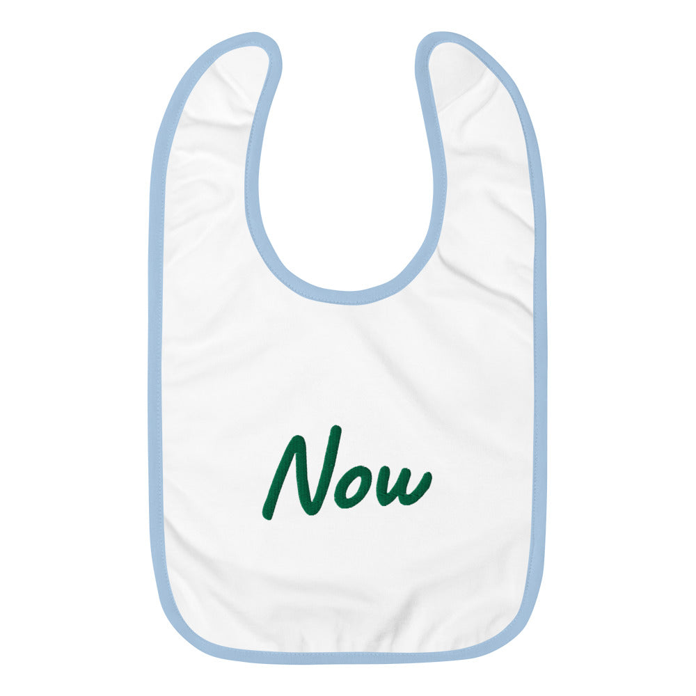 Now In Emerald Embroidery on Baby Bib