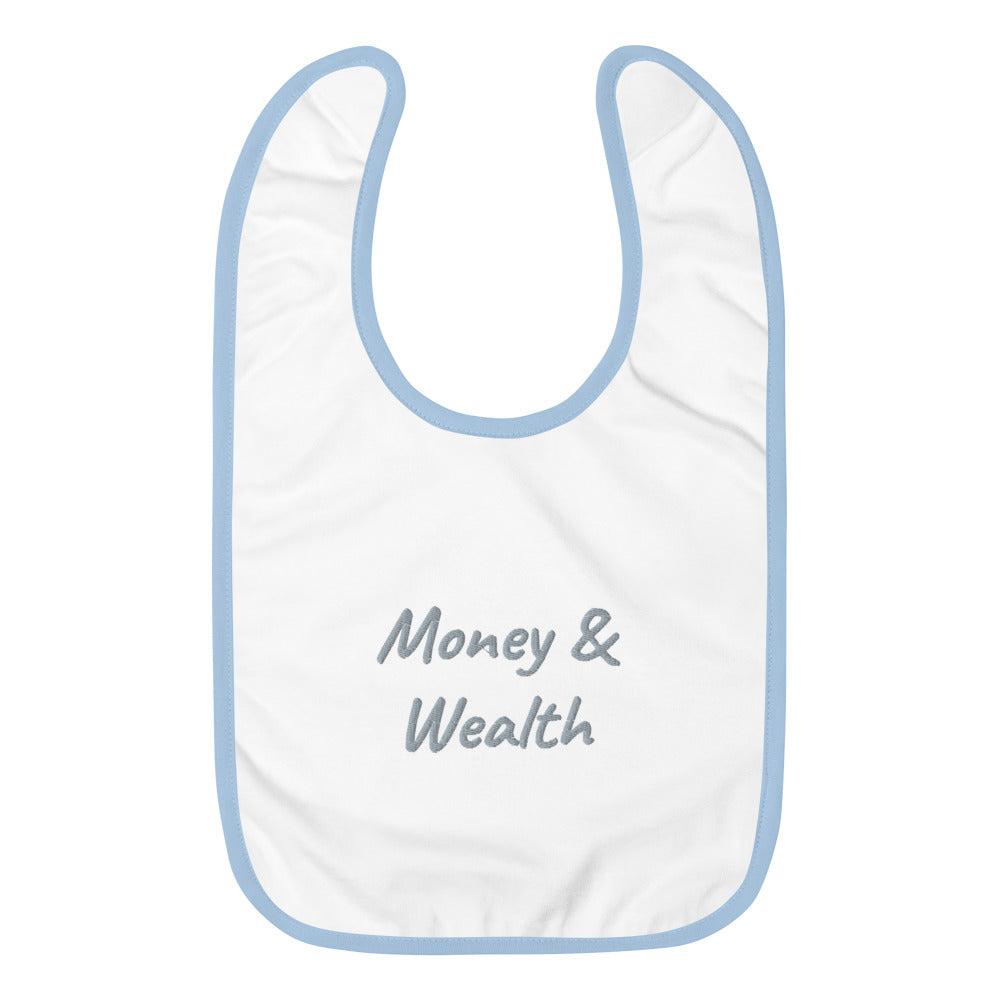 Money & Wealth In Silver Embroidery on Baby Bib