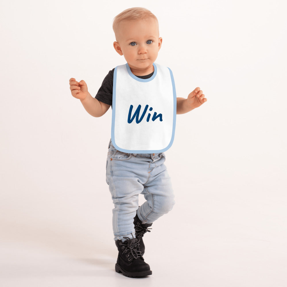 Win In Sapphire Embroidery on Baby Bib