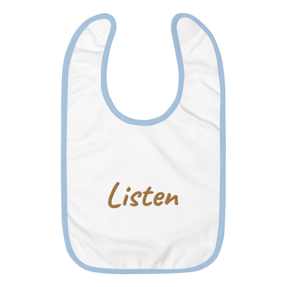 Listen In Copper Embroidery on Baby Bib