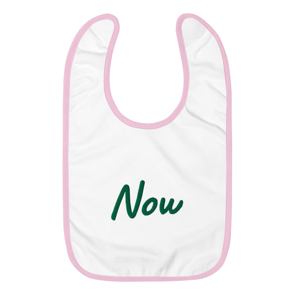 Now In Emerald Embroidery on Baby Bib