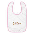 Listen In Copper Embroidery on Baby Bib