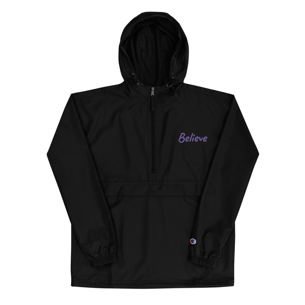 Believe In Amethyst Embroidery on Packable Rain Jacket Windbreaker