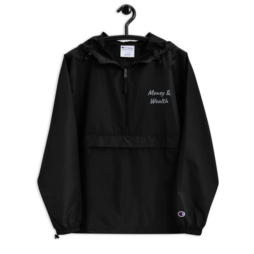 Money & Wealth In Silver Embroidery on Packable Rain Jacket Windbreaker