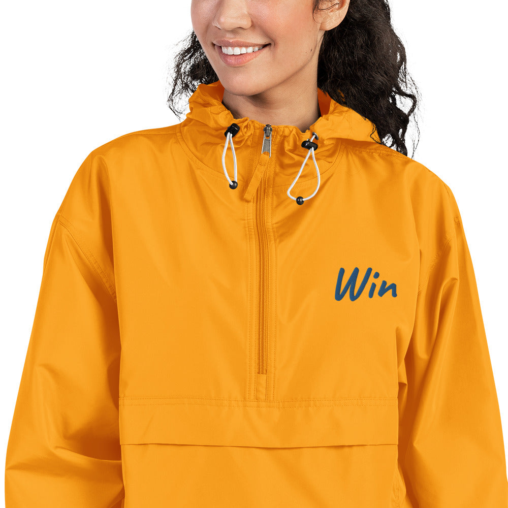 Win In Sapphire Embroidery on Packable Rain Jacket Windbreaker