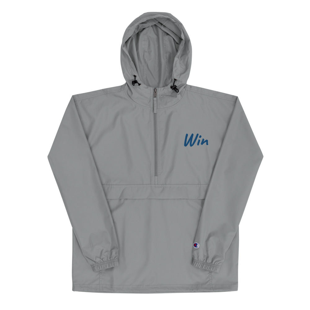 Win In Sapphire Embroidery on Packable Rain Jacket Windbreaker