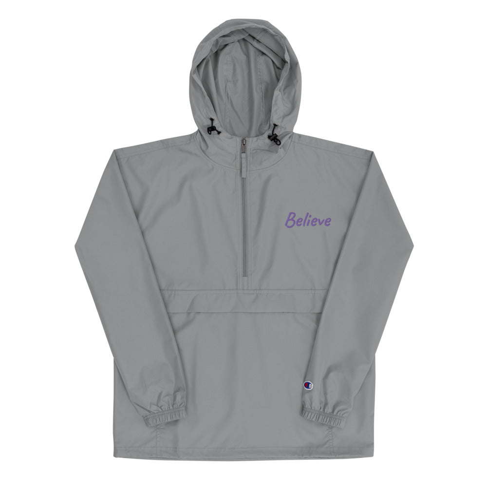 Believe In Amethyst Embroidery on Packable Rain Jacket Windbreaker