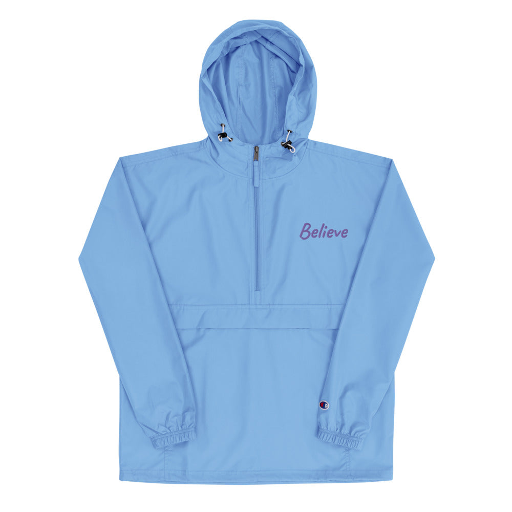 Believe In Amethyst Embroidery on Packable Rain Jacket Windbreaker