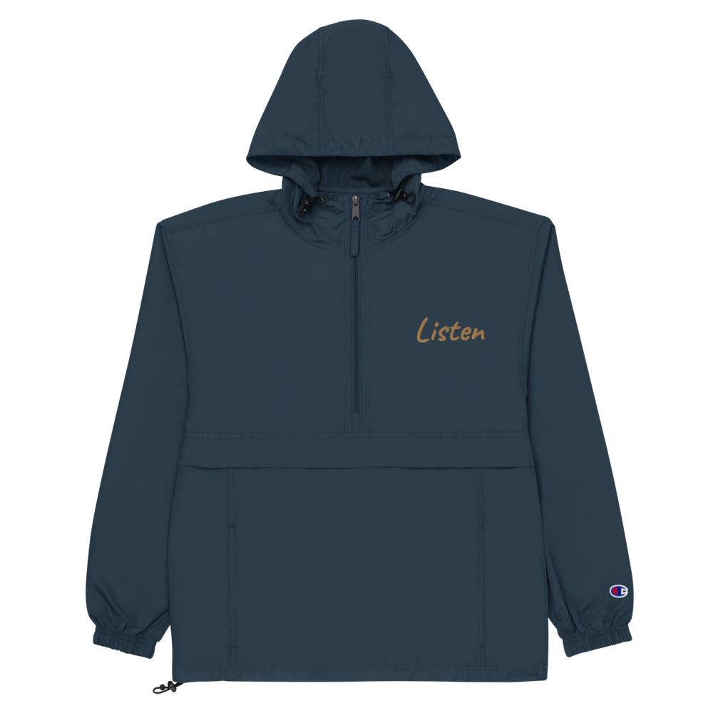 Listen In Copper Embroidery on Packable Rain Jacket Windbreaker