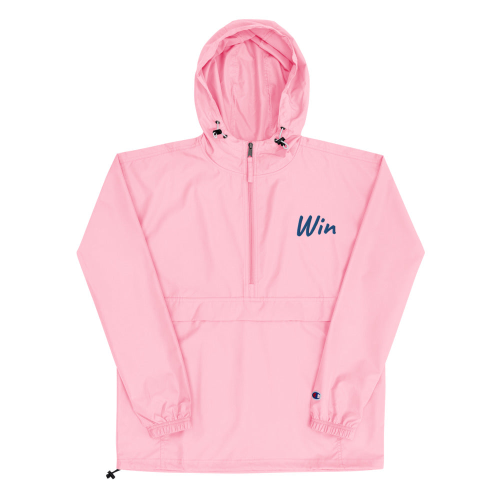 Win In Sapphire Embroidery on Packable Rain Jacket Windbreaker