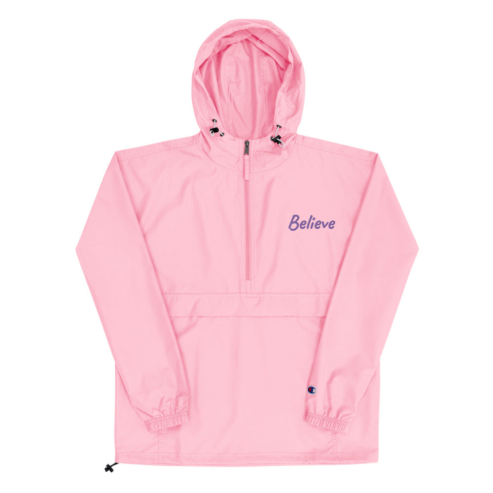 Believe In Amethyst Embroidery on Packable Rain Jacket Windbreaker