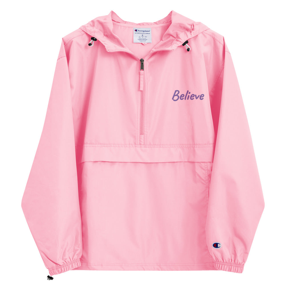 Believe In Amethyst Embroidery on Packable Rain Jacket Windbreaker