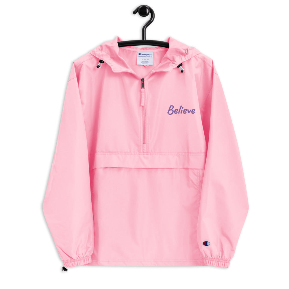 Believe In Amethyst Embroidery on Packable Rain Jacket Windbreaker