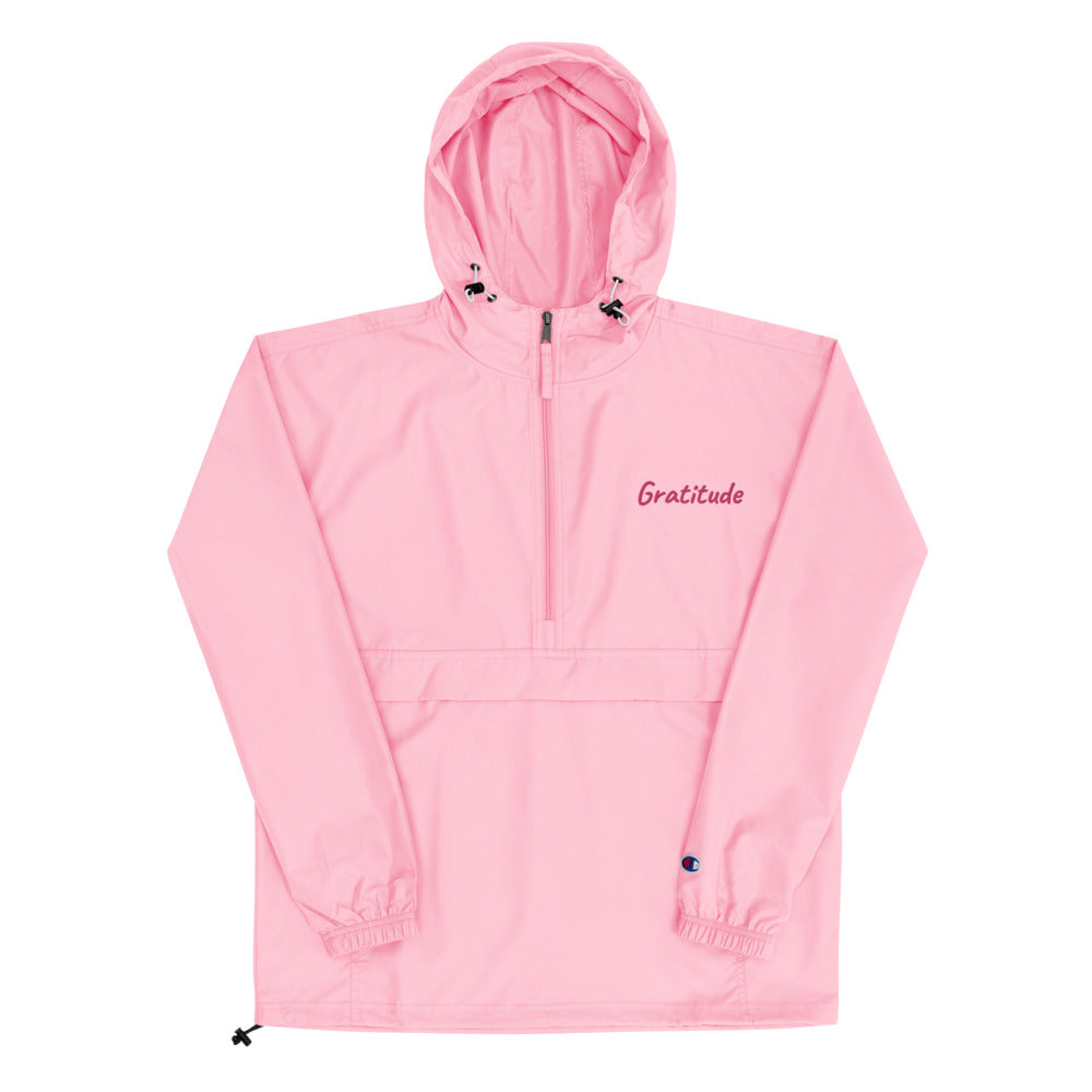 Gratitude In Star Rose Quartz Embroidery on Packable Rain Jacket Windbreaker