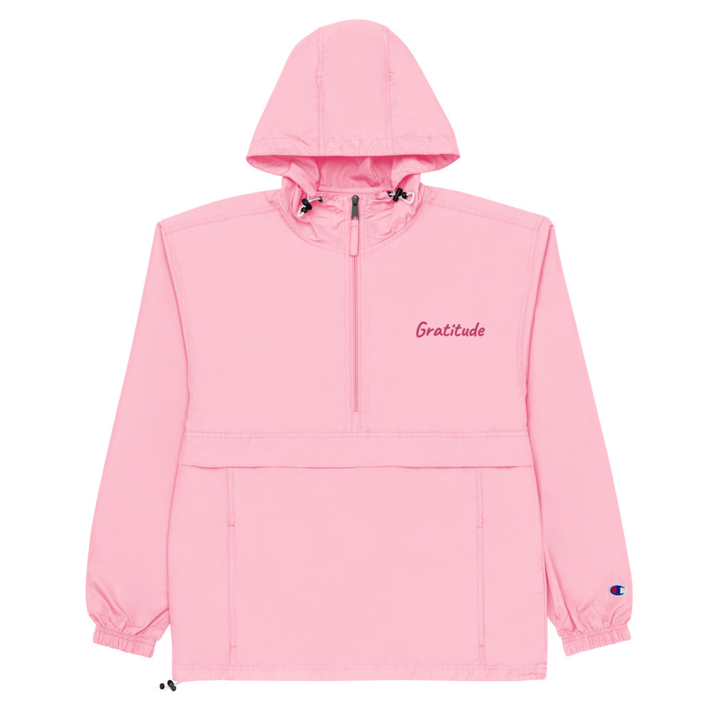 Gratitude In Star Rose Quartz Embroidery on Packable Rain Jacket Windbreaker