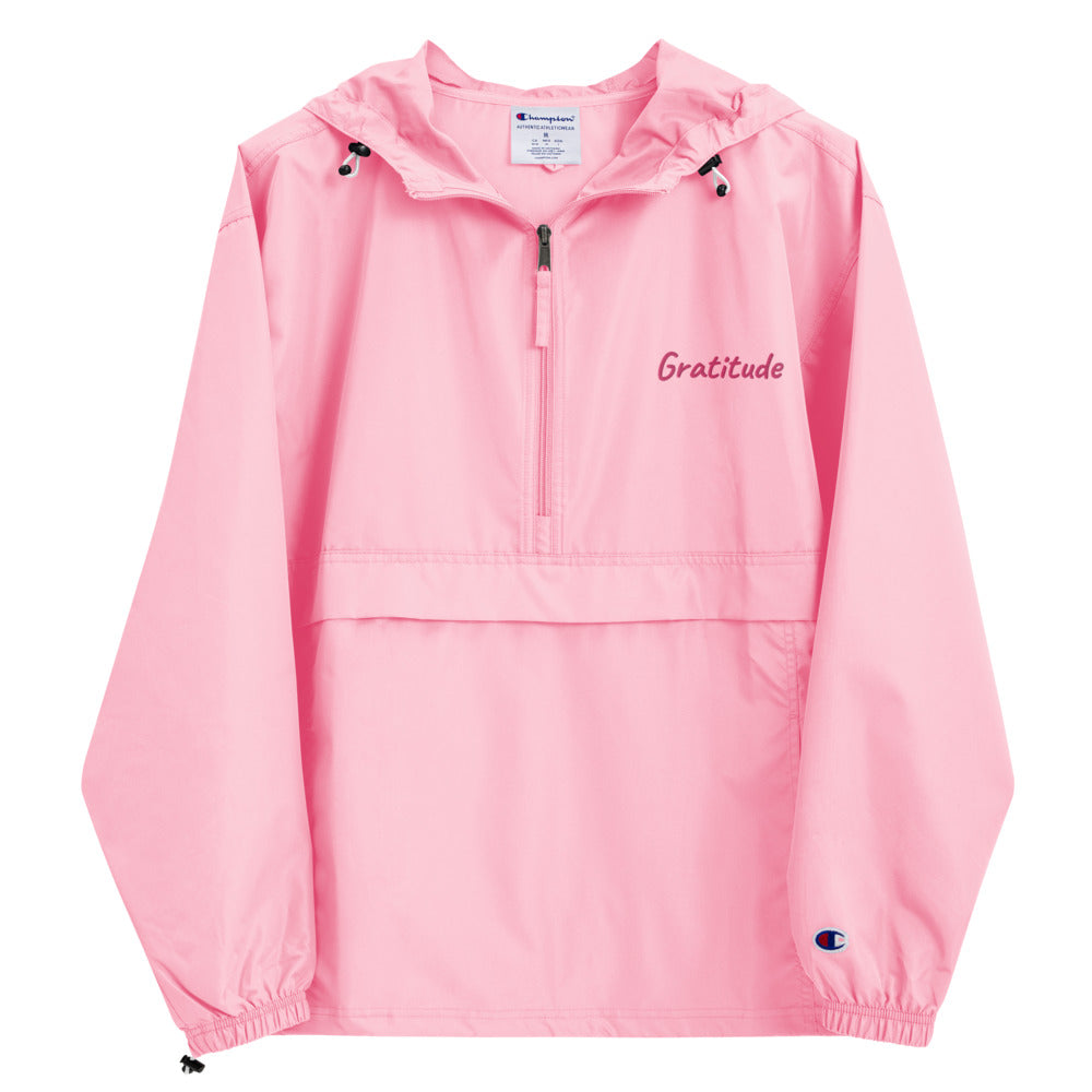 Gratitude In Star Rose Quartz Embroidery on Packable Rain Jacket Windbreaker