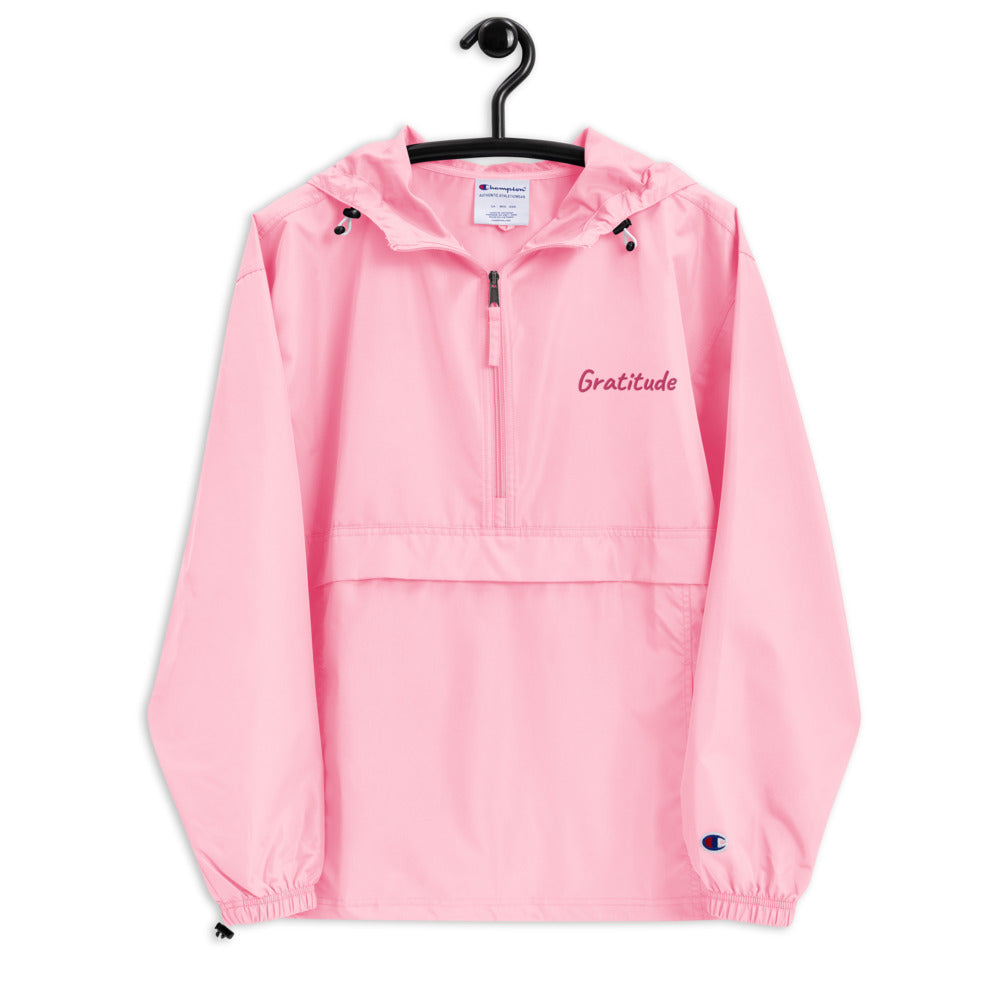 Gratitude In Star Rose Quartz Embroidery on Packable Rain Jacket Windbreaker