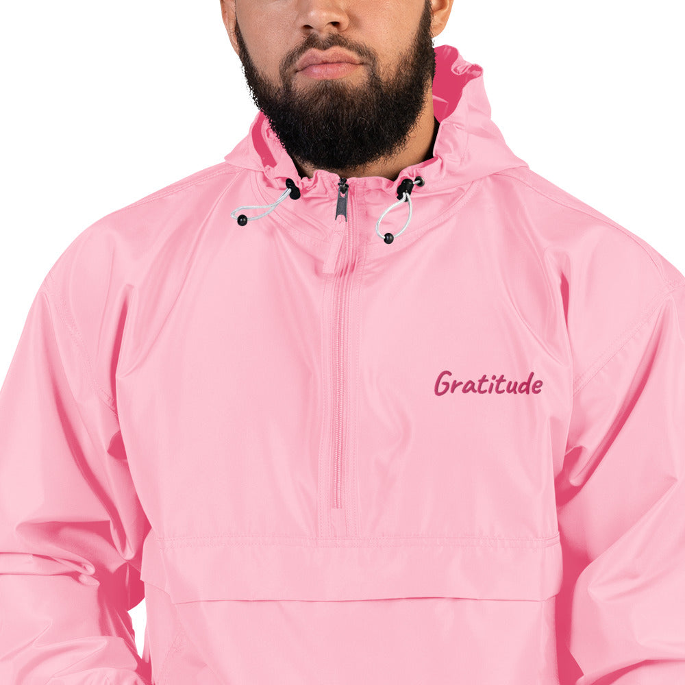 Gratitude In Star Rose Quartz Embroidery on Packable Rain Jacket Windbreaker