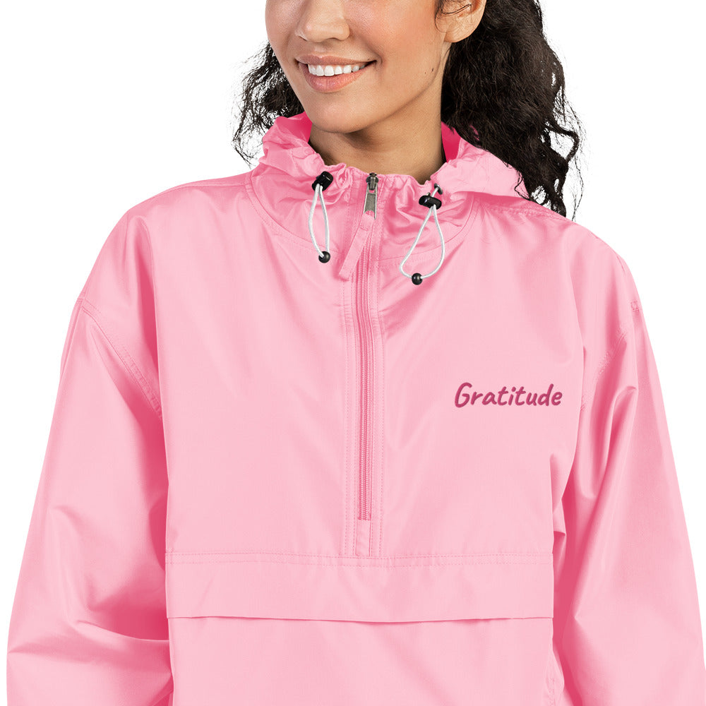 Gratitude In Star Rose Quartz Embroidery on Packable Rain Jacket Windbreaker