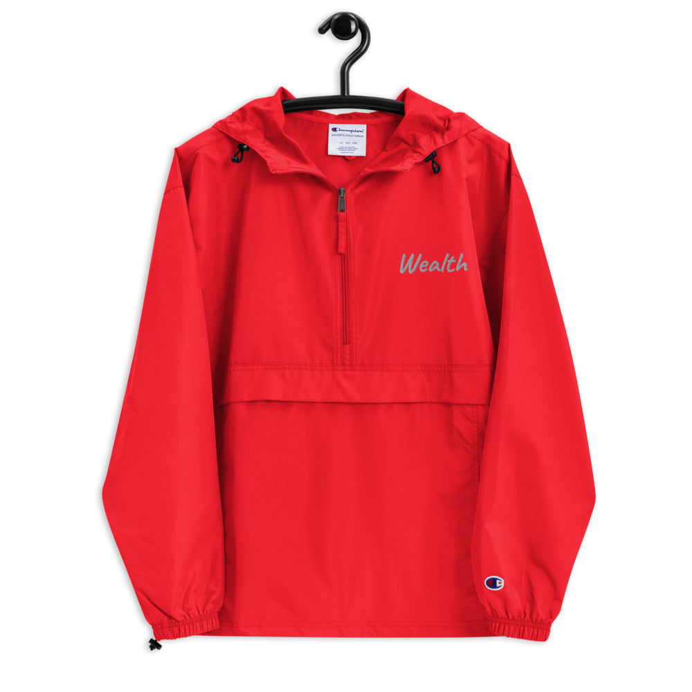 Wealth In Silver Embroidery on Packable Rain Jacket Windbreaker