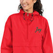 Joy In Emerald Embroidery on Packable Rain Jacket Windbreaker